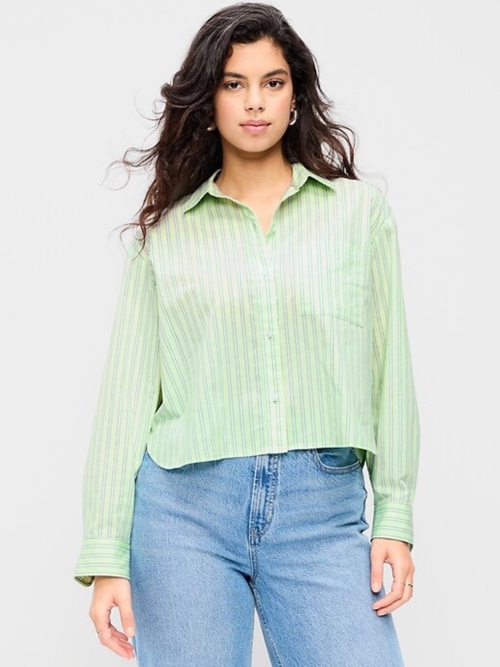 Old Navy Green Purple Stripe Cropped Oxford Shirt XL Boxy Preppy Casual